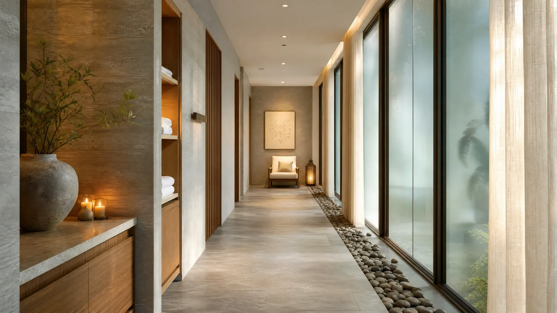 Lối đi trong spa với ánh sáng ấm và sắc gỗ