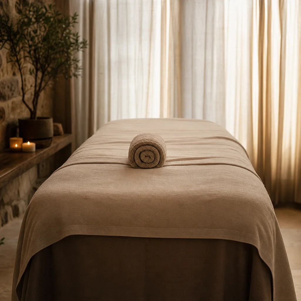 Giường spa với khăn cuộn